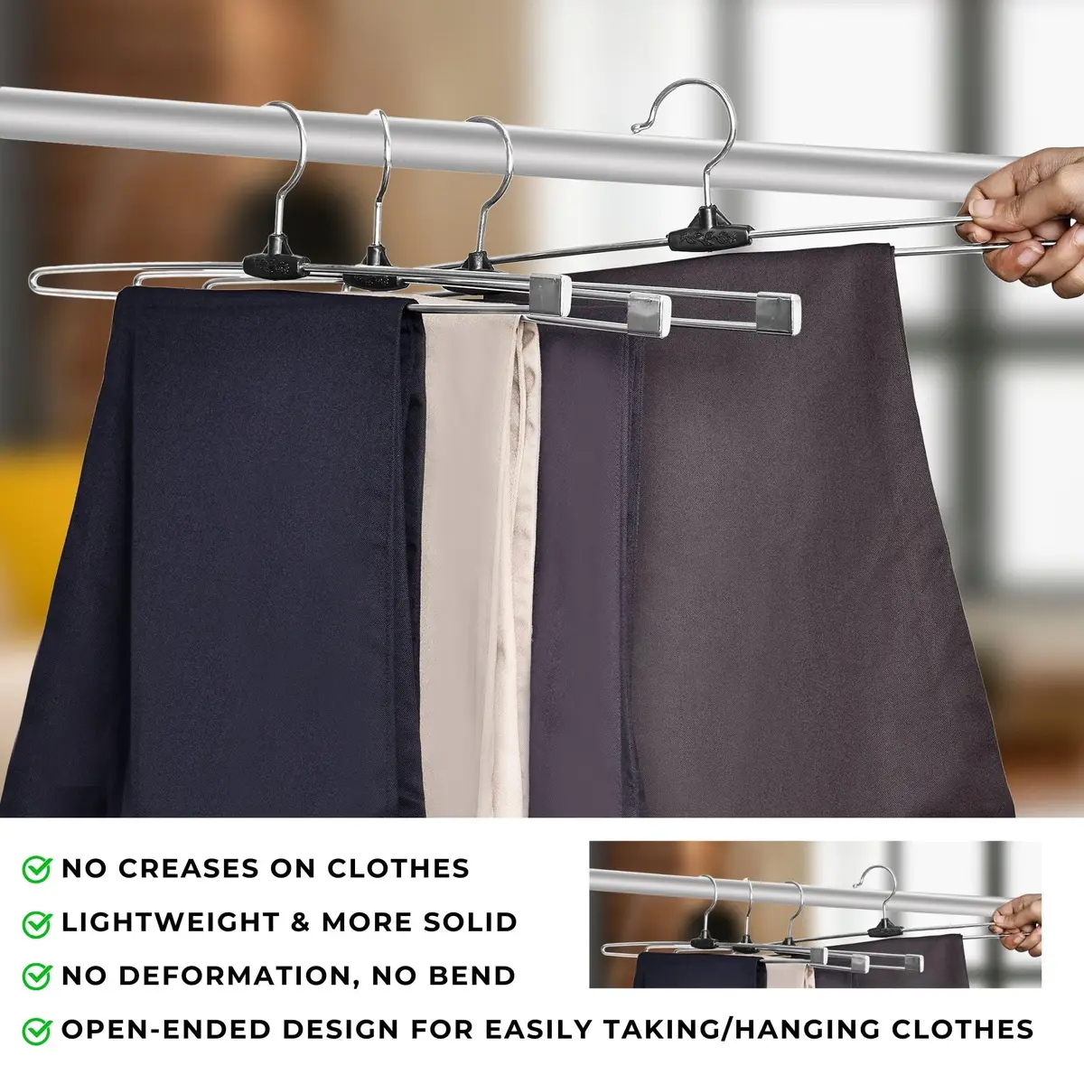ROLLYWARE Premium Stainless Steel Push Clip Lockable Hangers for Clothes, Trousers, Sarees, Skirts Wardrobe (Large 10 Pack, Silver) - view 4