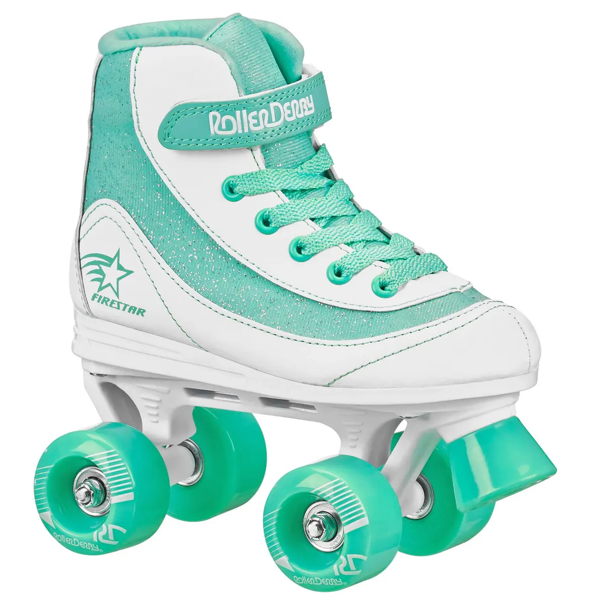 Roller Derby Firestar Youth Girl's Quad Roller Skates, White/Mint, Size 13 | Comfortable, True-to-Size Kids Skates - main product image