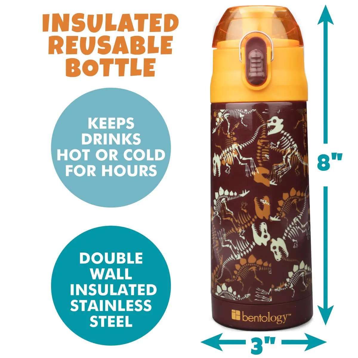 Bentology Stainless Steel Insulated Water Bottle 590ml (13 oz) Dino | Spill-Proof Lid with Built-in Spout - view 3