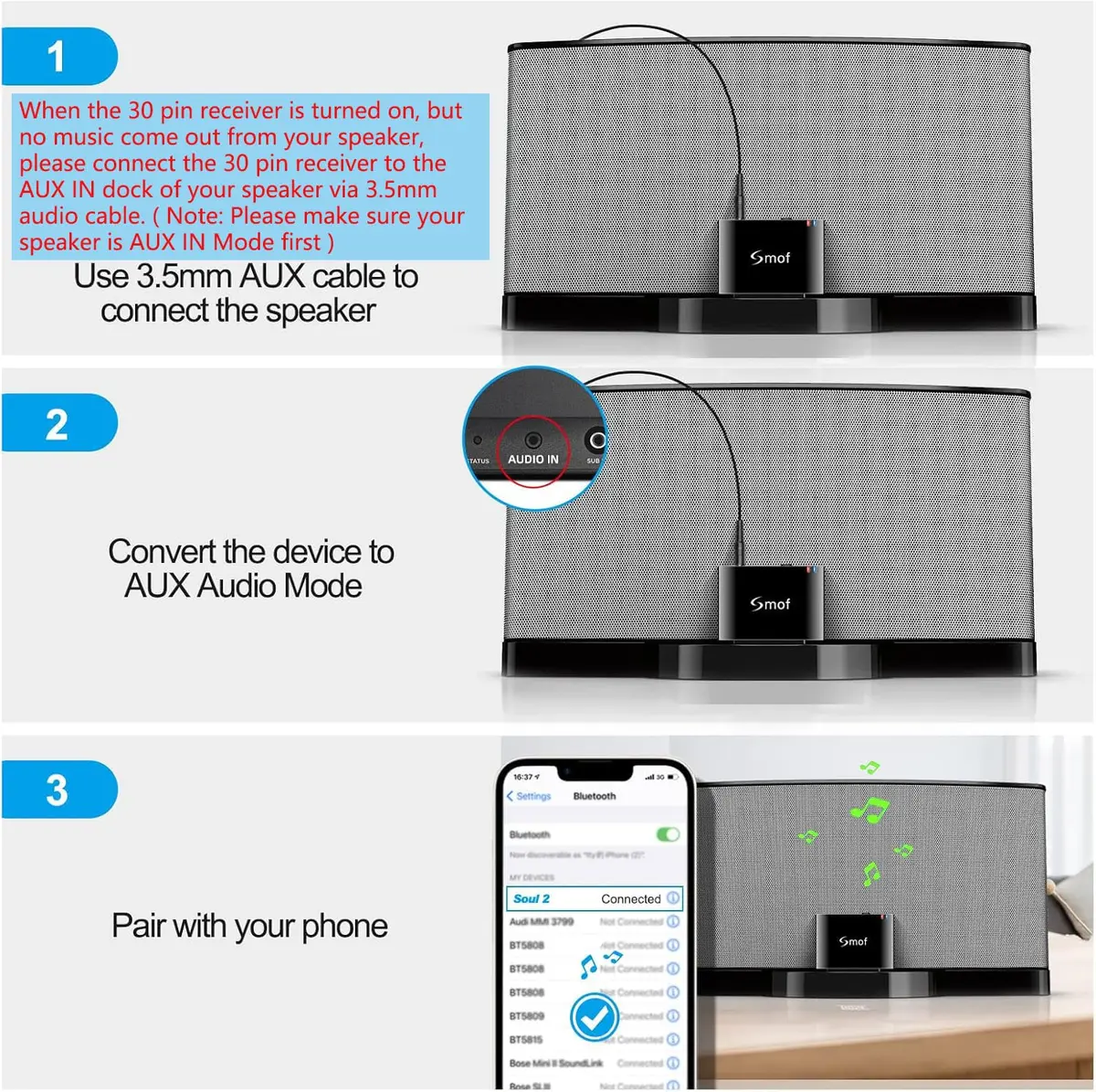 Smof 30 Pin Bluetooth Adapter Receiver | Wireless Audio for Bose SoundDock & More - view 5