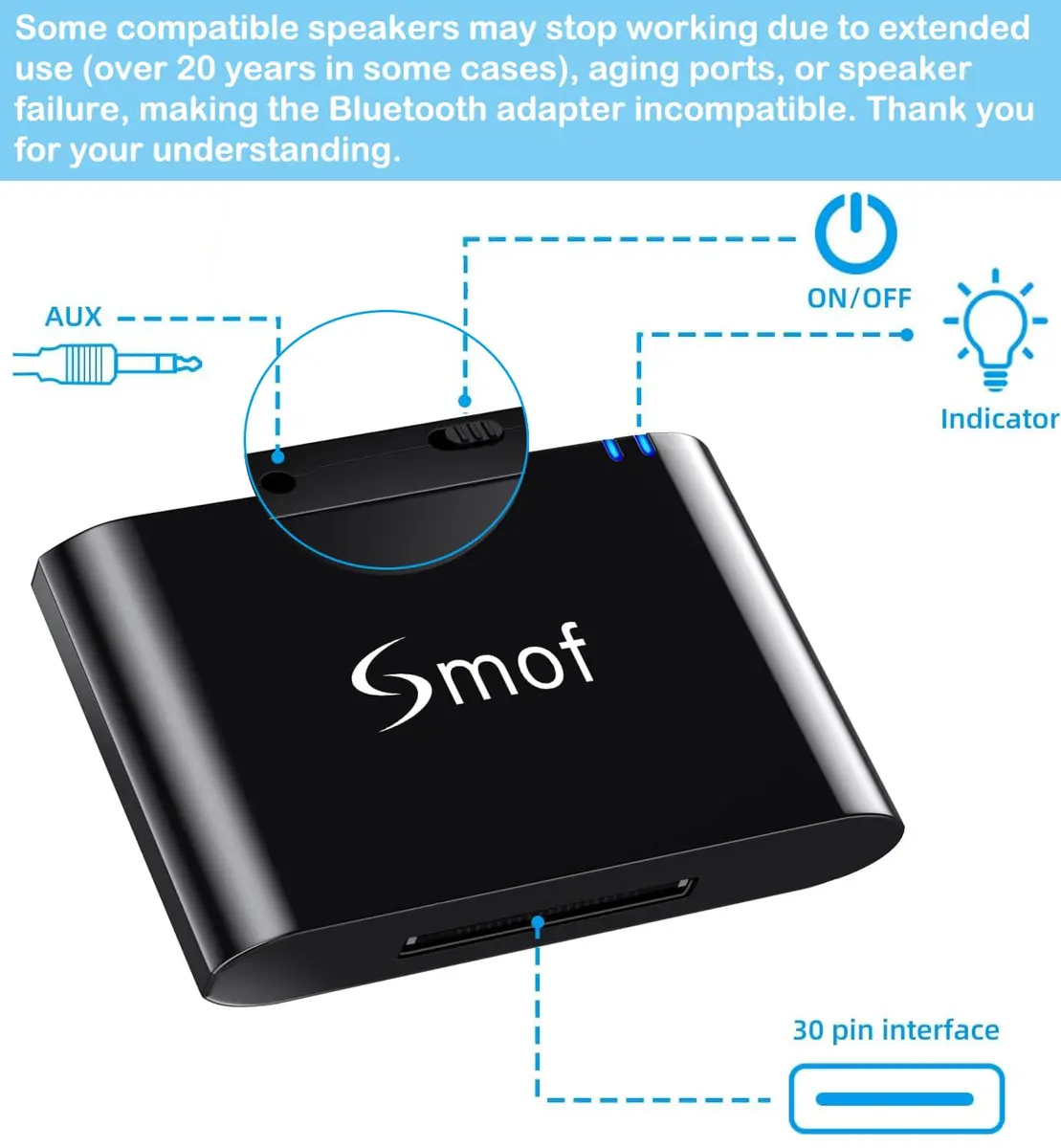 Smof 30 Pin Bluetooth Adapter Receiver | Wireless Audio for Bose SoundDock & More - view 4