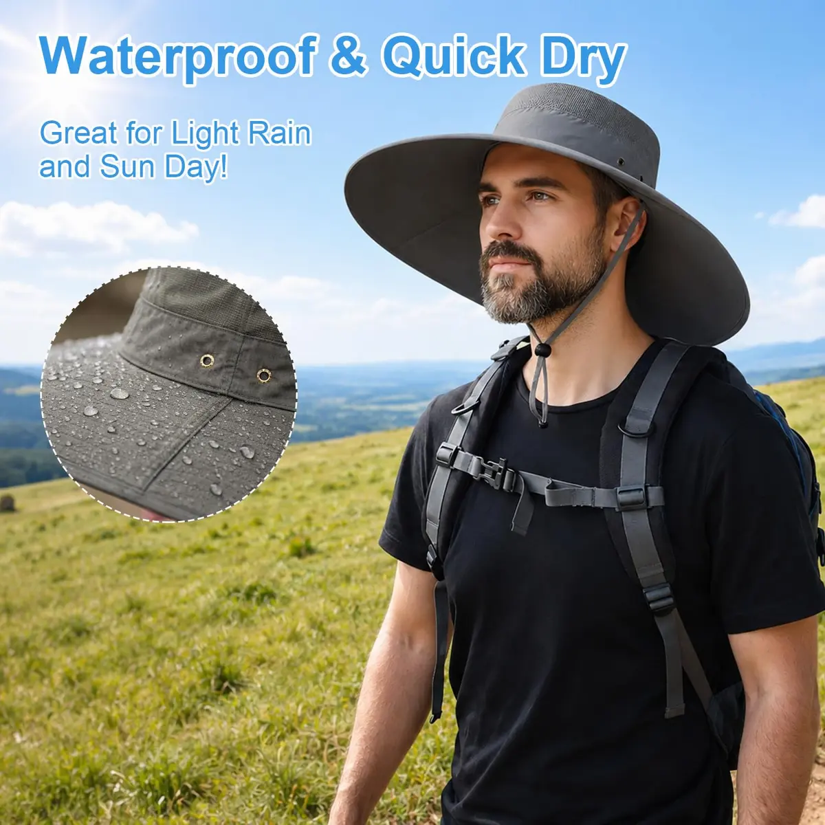 HUAMULAN Men Wide Brim Sun Hat with UPF 50+ Protection, 6-inch Brim, Dark Gray | Foldable & Packable for Travel - view 5