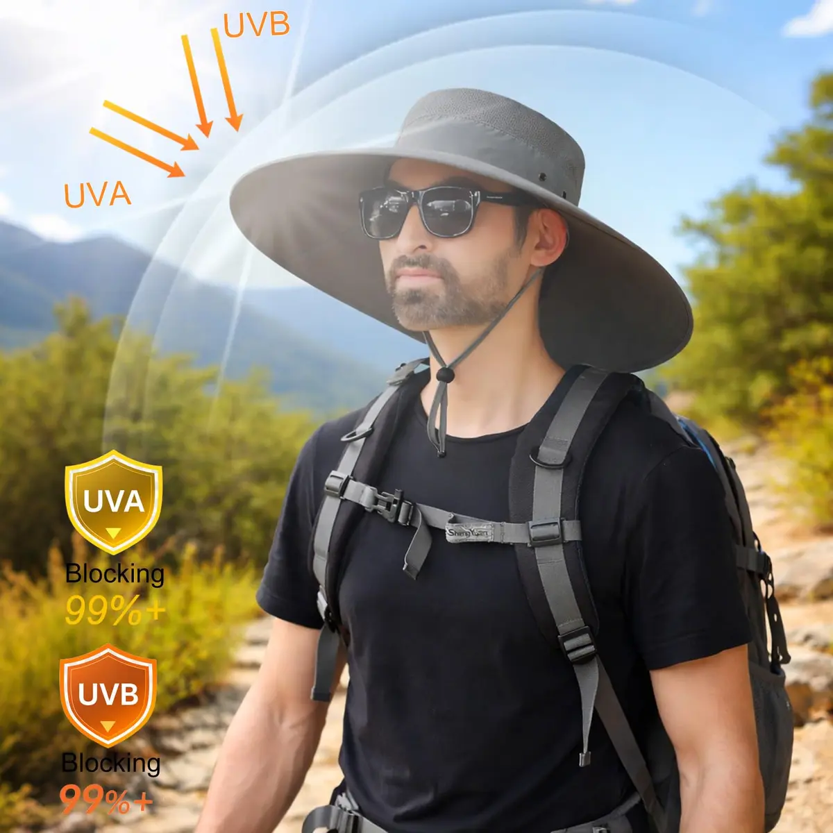 HUAMULAN Men Wide Brim Sun Hat with UPF 50+ Protection, 6-inch Brim, Dark Gray | Foldable & Packable for Travel - view 4