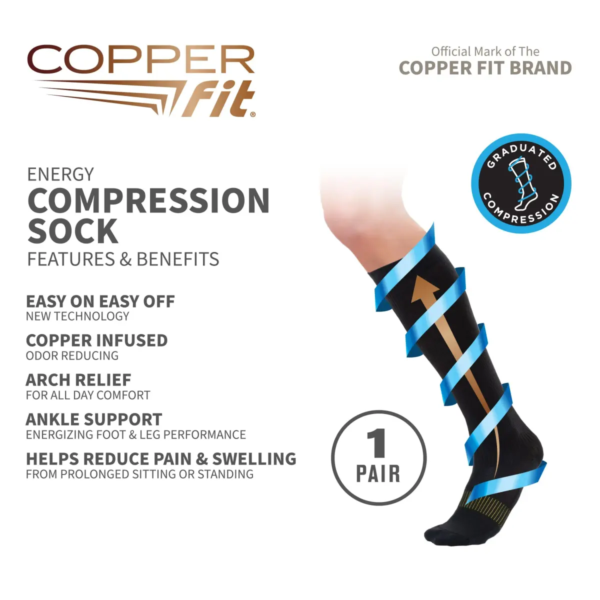 Copper Fit Unisex-Adult's 2.0 Easy-Off Knee High Compression Socks, Black, Large/X-Large | FDA Approved Medical Grade Support - view 4