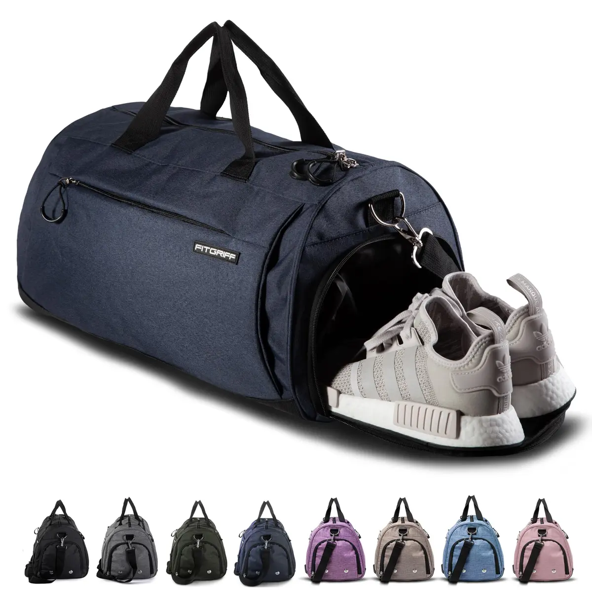 Fitgriff Gym Bag for Men & Women with Shoe & Wet Compartment | Compact Travel & Workout Duffle (Navy Blue, 19 x 10 x 10″) - main product image