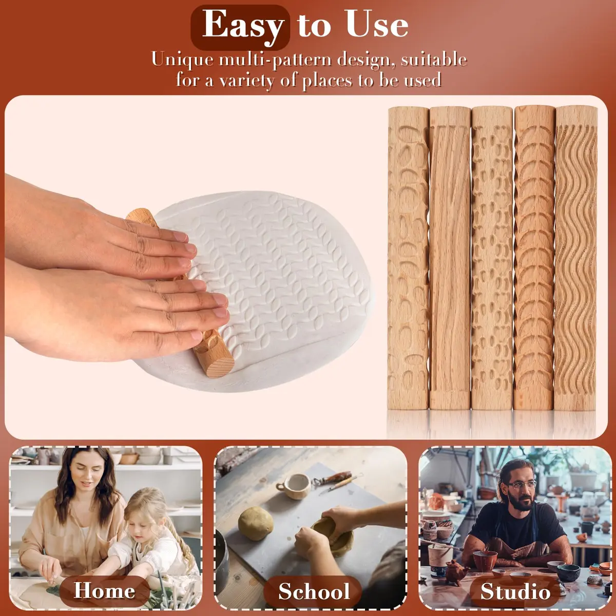 Lzttyee Wooden Handle Pottery Tools Clay Modeling Pattern Rollers Set of 5 | Create Unique Textures on Clay Slabs - view 4