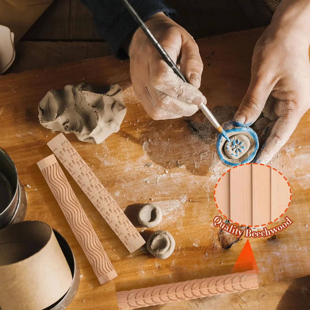 Lzttyee Wooden Handle Pottery Tools Clay Modeling Pattern Rollers Set of 5 | Create Unique Textures on Clay Slabs - view 5