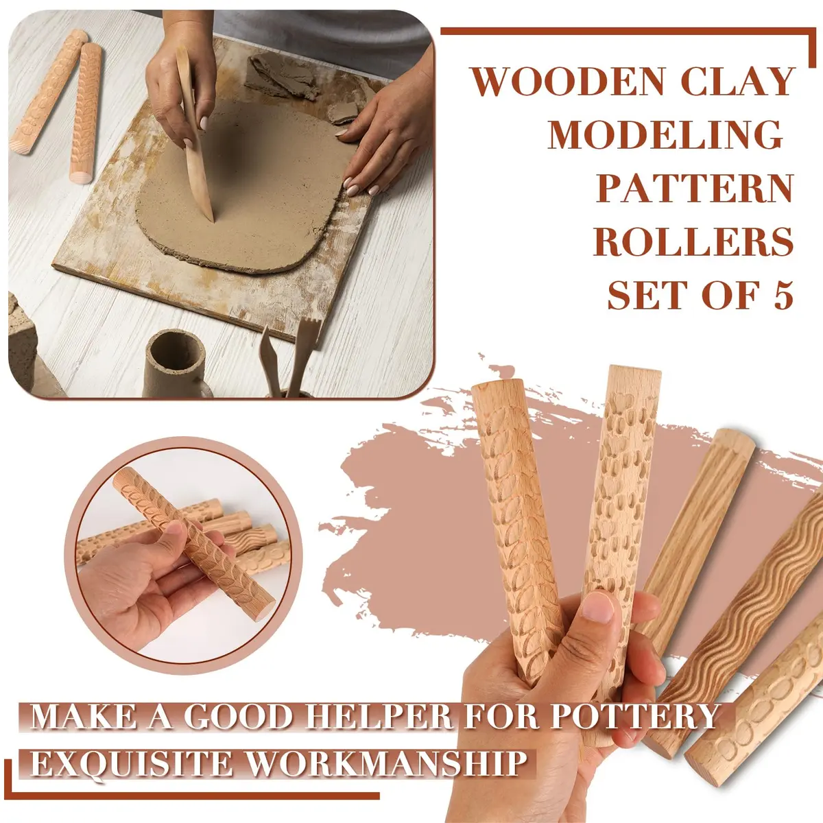 Lzttyee Wooden Handle Pottery Tools Clay Modeling Pattern Rollers Set of 5 | Create Unique Textures on Clay Slabs - view 6