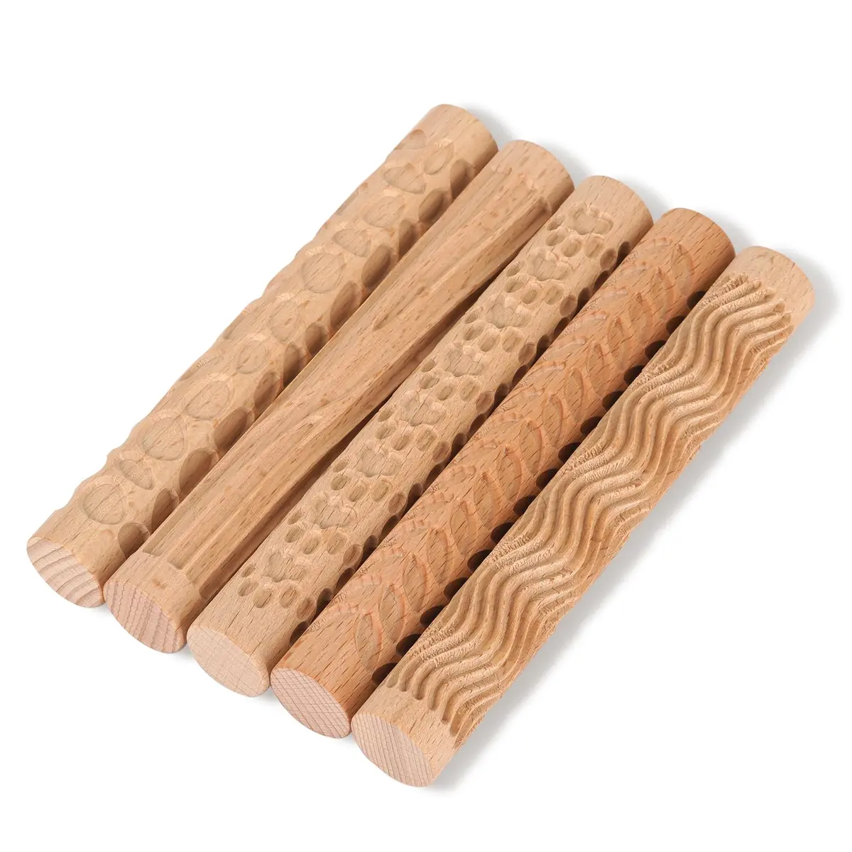 Lzttyee Wooden Handle Pottery Tools Clay Modeling Pattern Rollers Set of 5 | Create Unique Textures on Clay Slabs - main product image