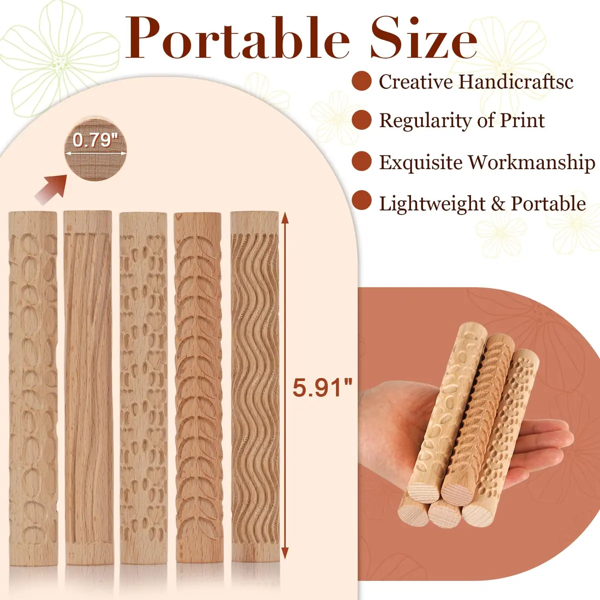Lzttyee Wooden Handle Pottery Tools Clay Modeling Pattern Rollers Set of 5 | Create Unique Textures on Clay Slabs - view 2