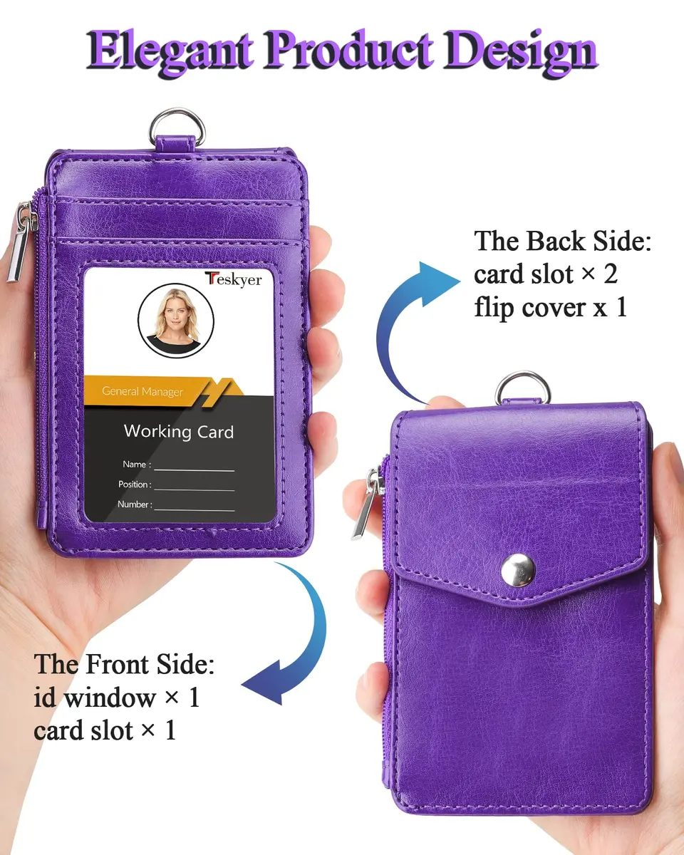 Teskyer Leather ID Badge Holder with Lanyard, Purple | Wallet & ID Organizer for Professionals - view 6