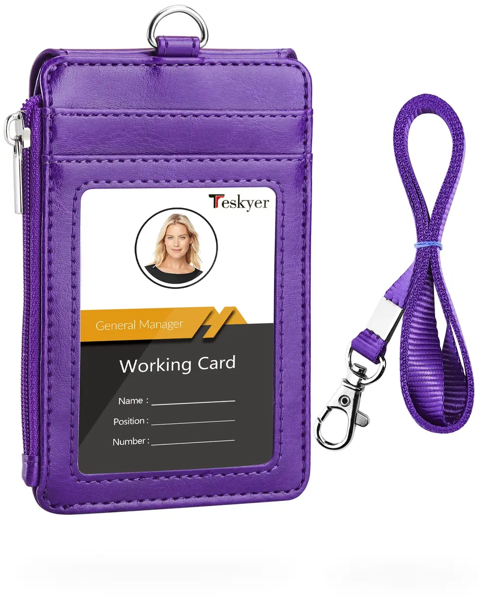Teskyer Leather ID Badge Holder with Lanyard, Purple | Wallet & ID Organizer for Professionals - main product image