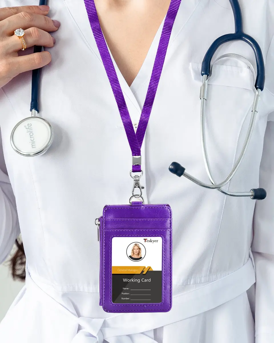 Teskyer Leather ID Badge Holder with Lanyard, Purple | Wallet & ID Organizer for Professionals - view 2