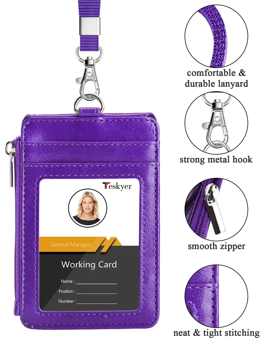 Teskyer Leather ID Badge Holder with Lanyard, Purple | Wallet & ID Organizer for Professionals - view 3