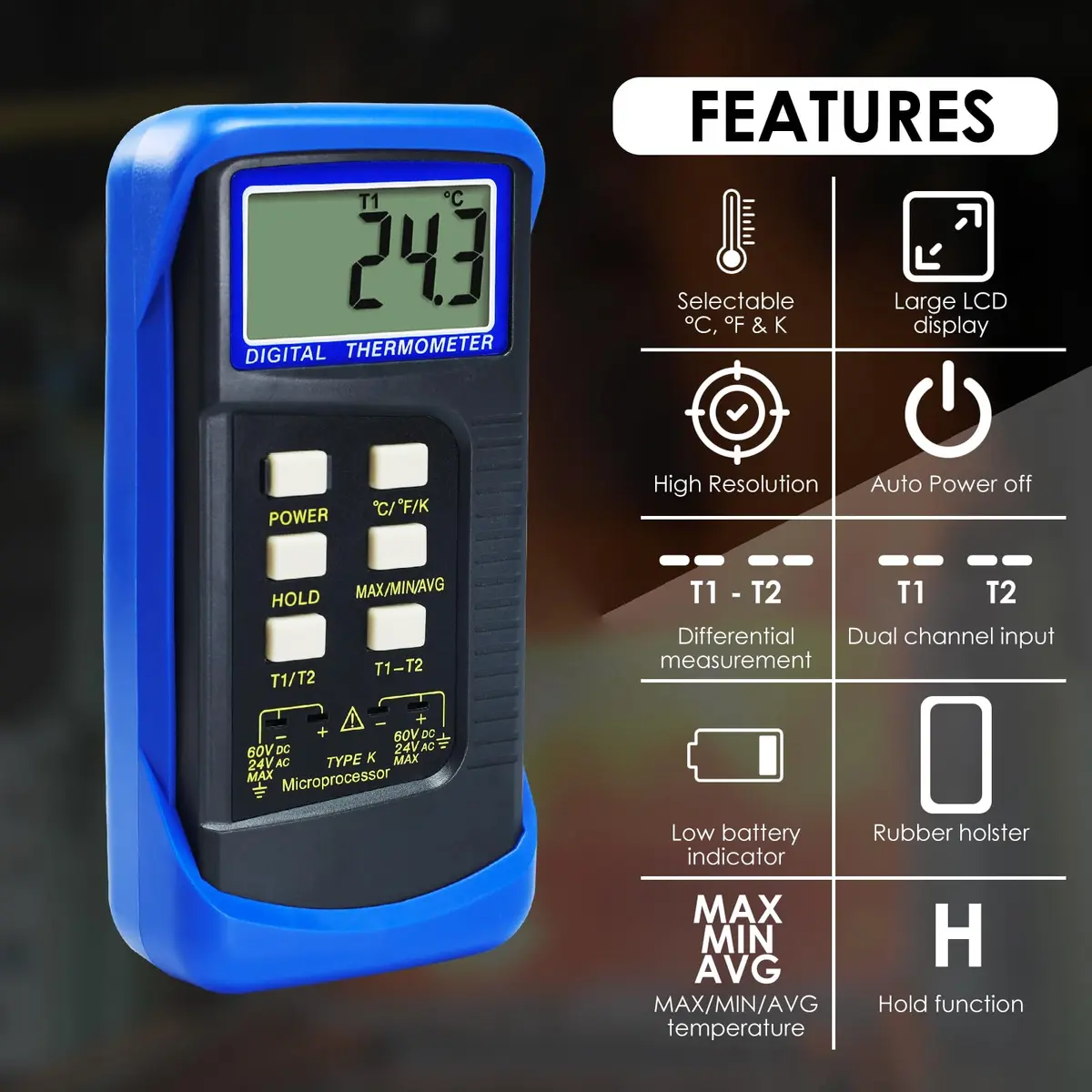 Gain Express Dual Channel K-Type Thermocouple Thermometer -50~1300°C (-58~2372°F) | HVAC Temperature Meter with 4 Probes - view 2