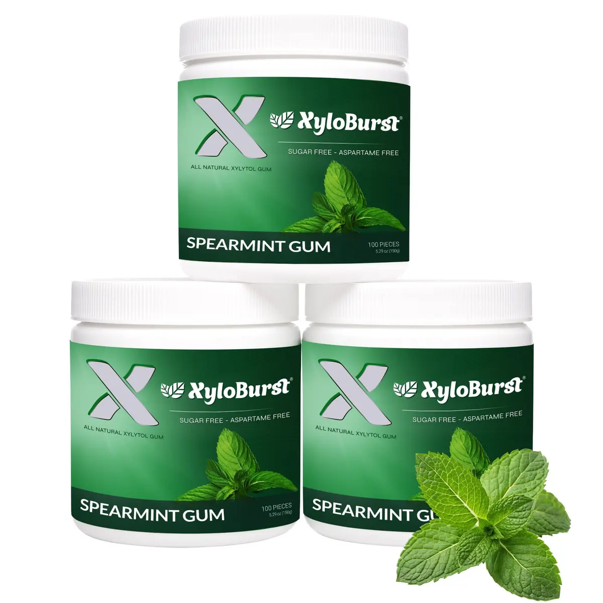XyloBurst Sugar Free Gluten Free Chewing Gum Spearmint | 300 Pieces (100 Count Jar, Pack of 3) - main product image