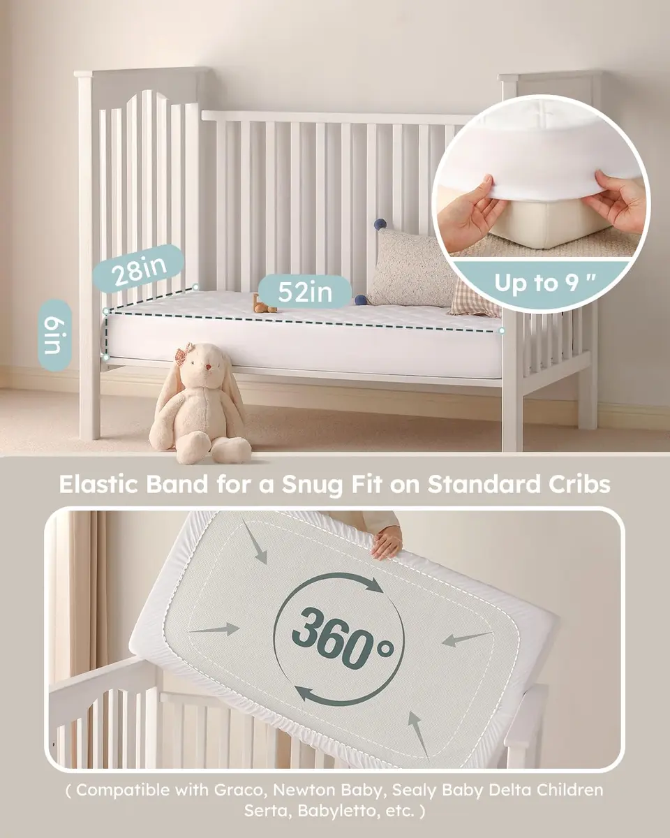 Yoofoss Waterproof Crib Mattress Protector Quilted Sheets Fitted 52''x28'' | Soft, Waterproof & OEKO-TEX Certified - view 4