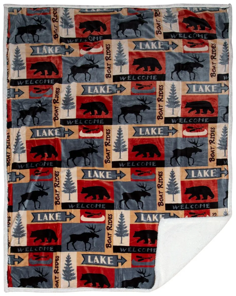 Carstens Lake House Rustic Cabin Sherpa Fleece Large Throw Blanket, 54" x 68", Blue - main product image