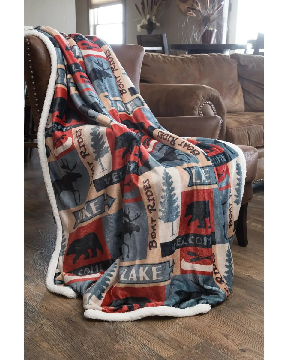 Carstens Lake House Rustic Cabin Sherpa Fleece Large Throw Blanket, 54" x 68", Blue - view 3