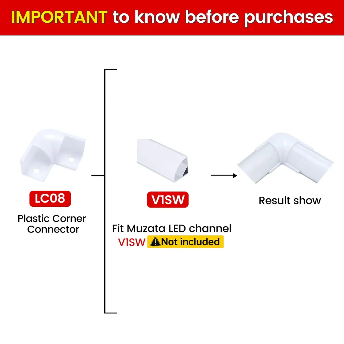 Muzata 8Pack White Plastic Corner Connector for V1SW LED Channel LC08 | Seamless 90° Corner Fit - view 2