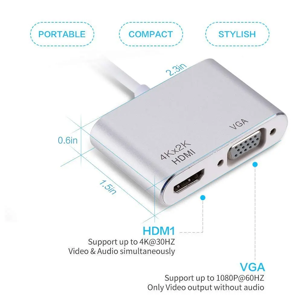 XHONY USB C to HDMI & VGA Adapter | 4K Dual Monitor Converter for MacBook, Chromebook, Dell XPS, Samsung Galaxy S8 - view 7