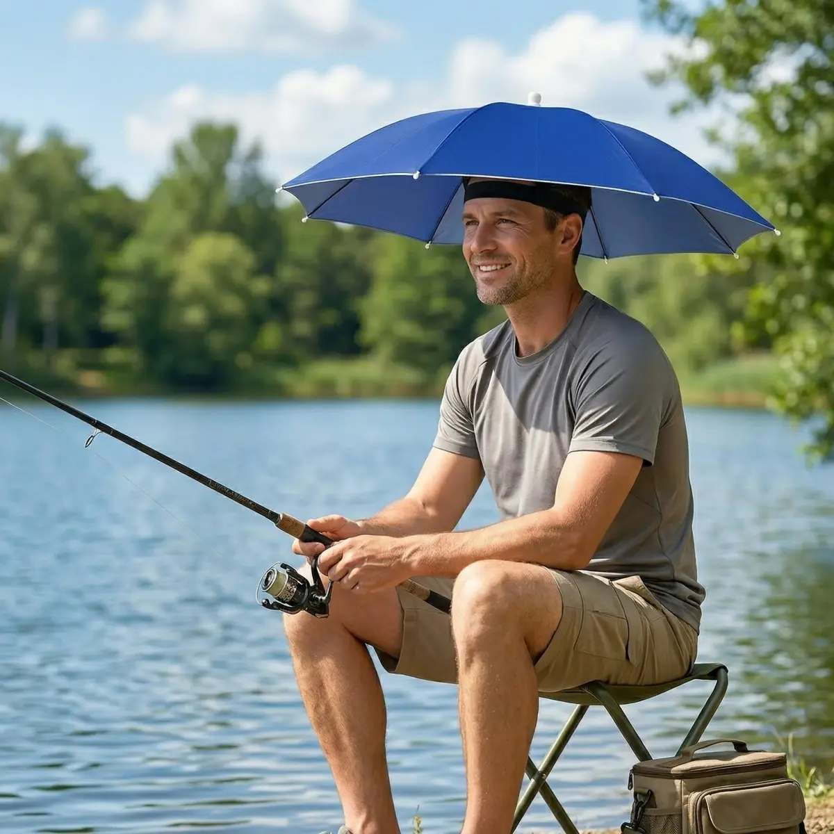 Chinmor 26" Umbrella Hat for Adults & Kids, Hands-Free Sun & Rain Protection, UV-Blocking Fishing Headwear (Dark Blue) - view 5