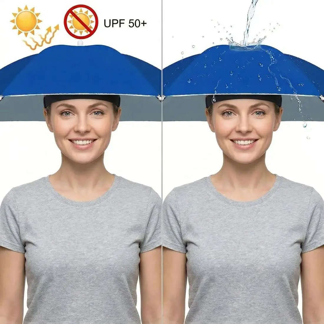 Chinmor 26" Umbrella Hat for Adults & Kids, Hands-Free Sun & Rain Protection, UV-Blocking Fishing Headwear (Dark Blue) - view 2