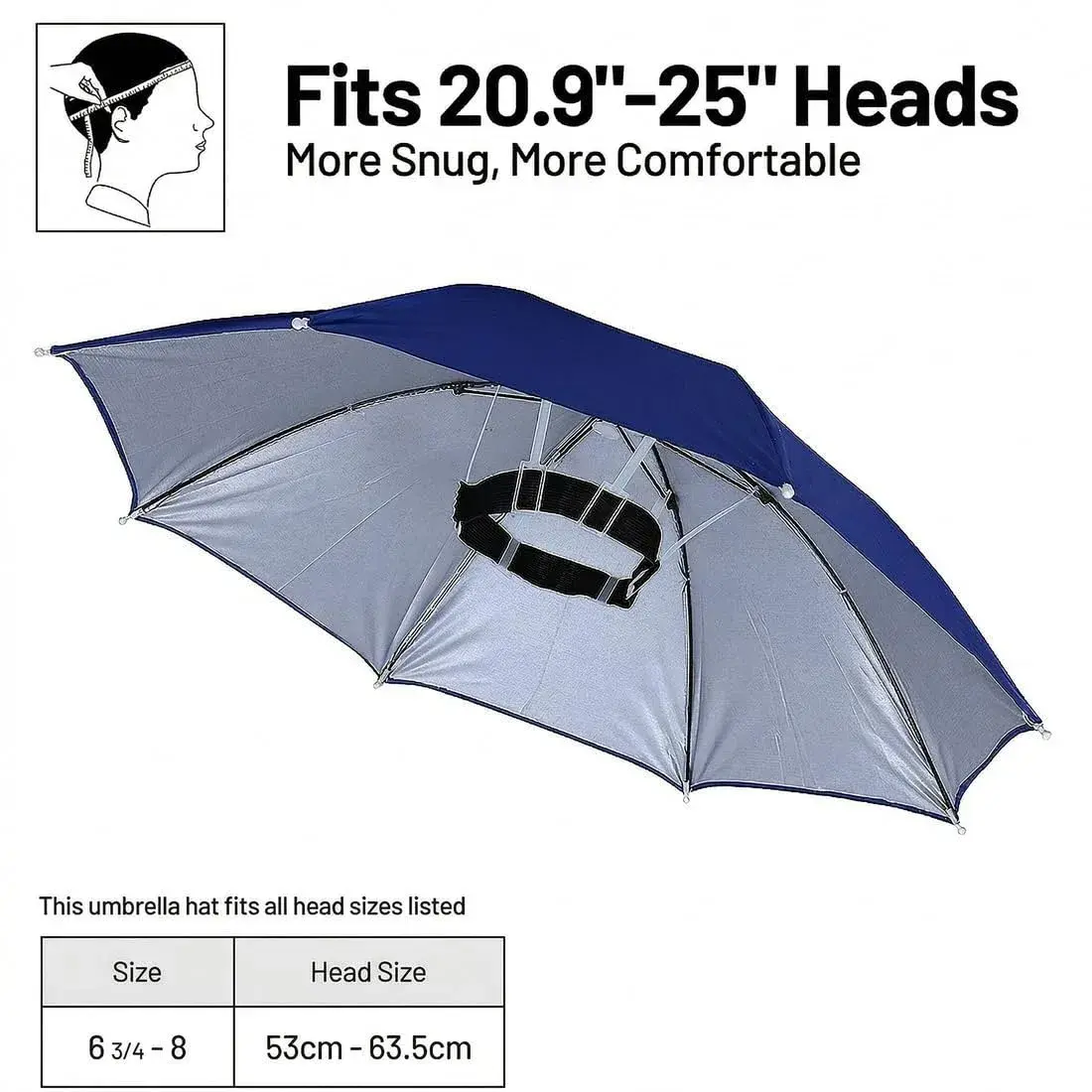 Chinmor 26" Umbrella Hat for Adults & Kids, Hands-Free Sun & Rain Protection, UV-Blocking Fishing Headwear (Dark Blue) - view 3