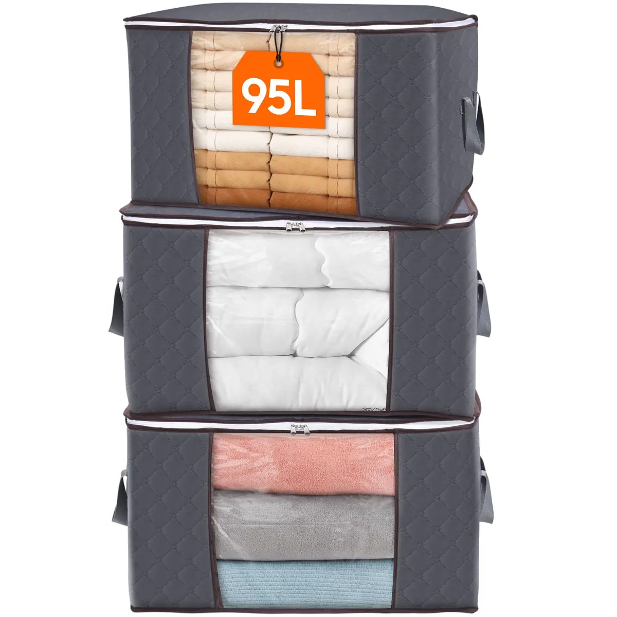 Lifewit 3 Pack 90L Clothes Storage Bins with Lids | Foldable Blanket Bags with Reinforced Handles - main product image