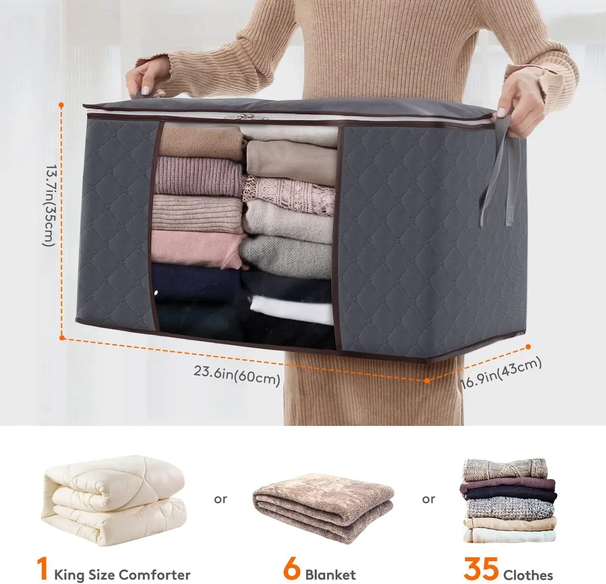 Lifewit 3 Pack 90L Clothes Storage Bins with Lids | Foldable Blanket Bags with Reinforced Handles - view 2
