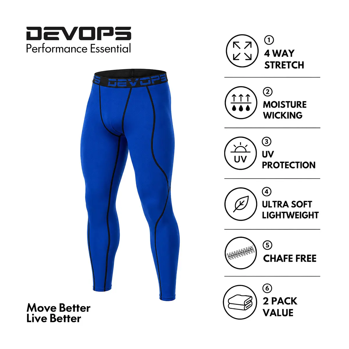 DEVOPS Men's Compression Pants Athletic Leggings Tights | 4-Way Stretch, UPF 50+ Support - view 4