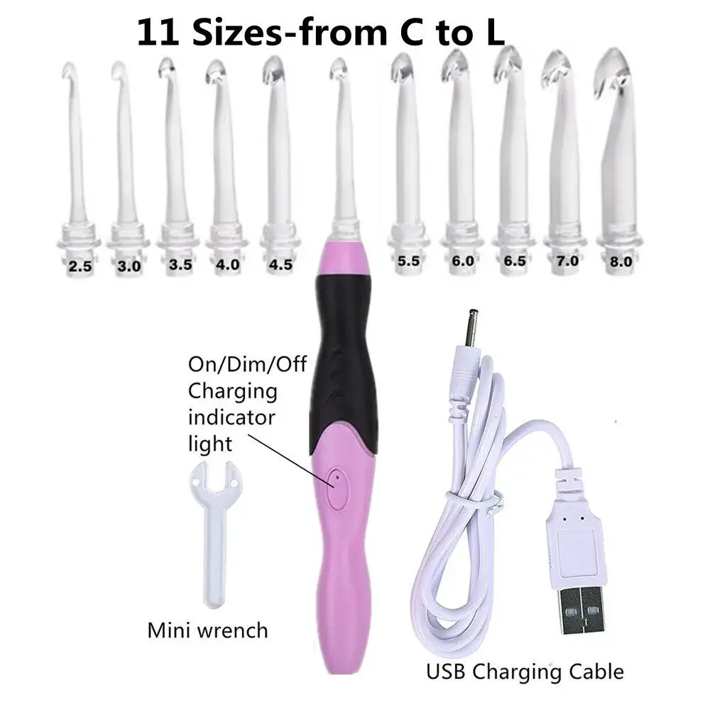 Yarniss Lighted Crochet Hook Set with Case | 11 Sizes 2.5-8mm Rechargeable USB Pink - view 4