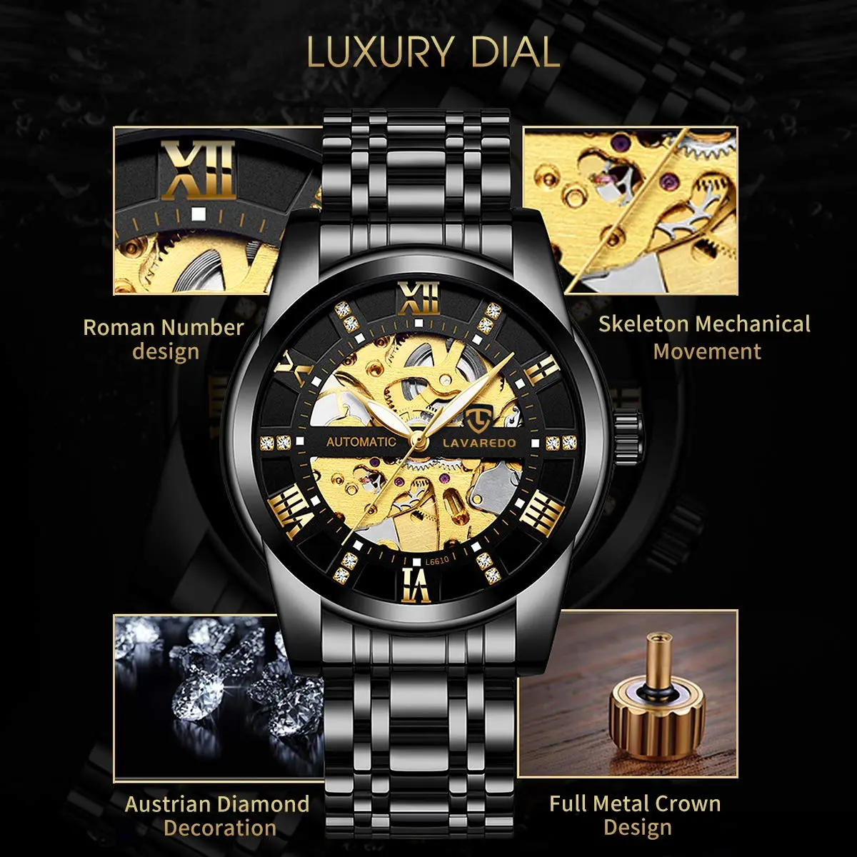 A ALPS Automatic Mechanical Watch for Men | 41mm Stainless Steel Skeleton Dial, 30M Water Resistant - view 3