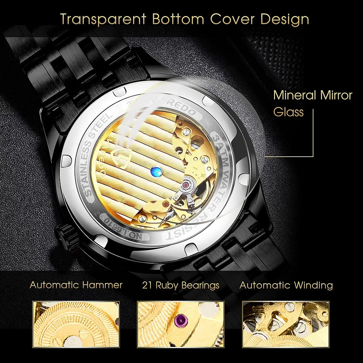 A ALPS Automatic Mechanical Watch for Men | 41mm Stainless Steel Skeleton Dial, 30M Water Resistant - view 4