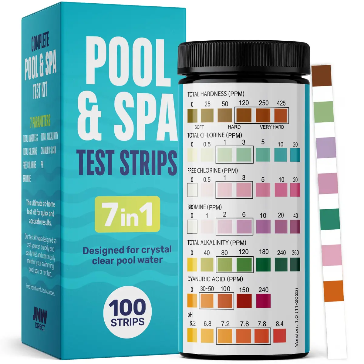 JNW Direct Pool Test Strips 100 Count | 7-in-1 Water Test for Pools & Spas - main product image