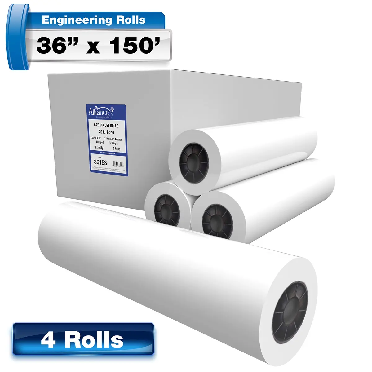 Alliance Wide Format Paper CAD Bond Rolls 36" x 300 Ft | 20lb, White, Laser & Inkjet Compatible - view 5