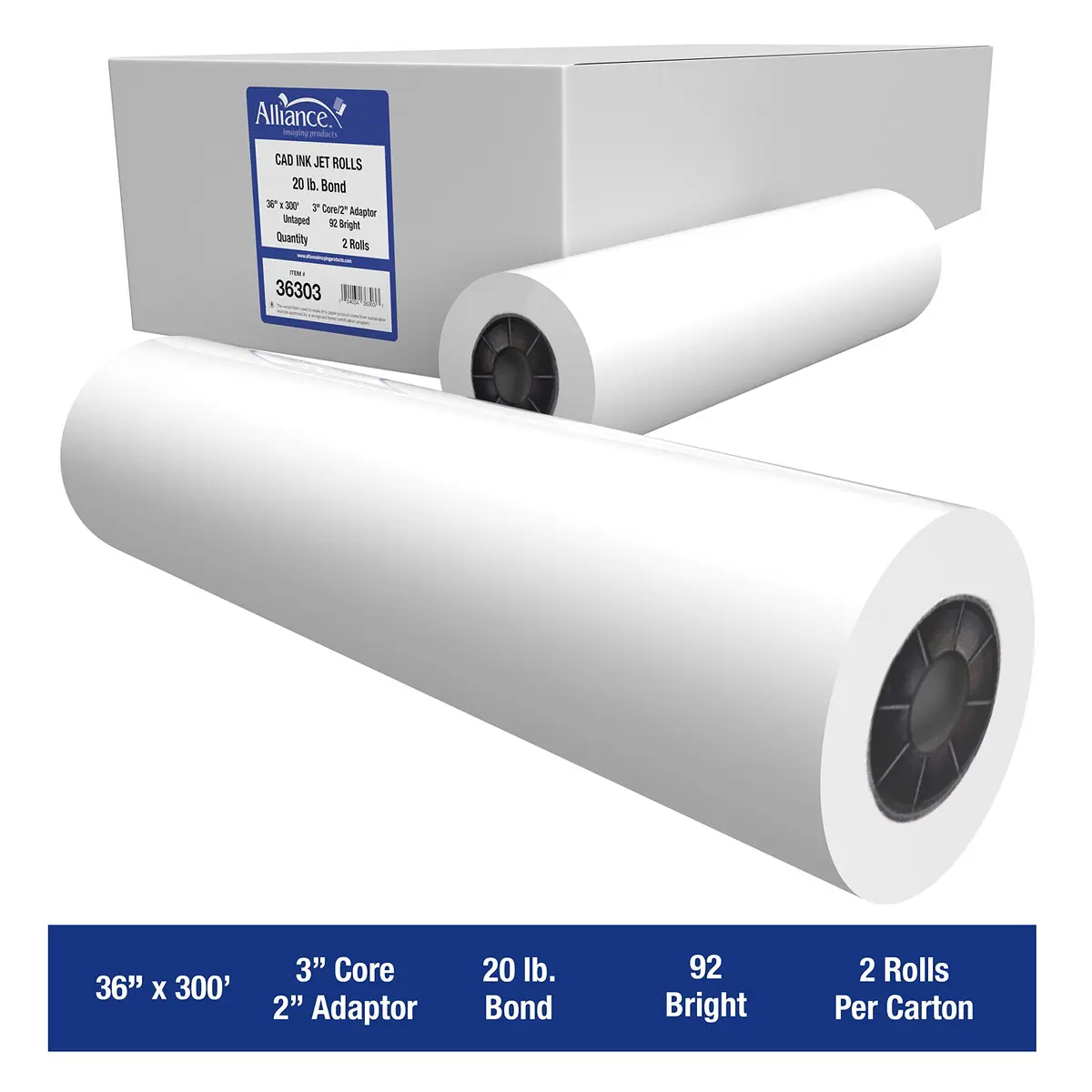 Alliance Wide Format Paper CAD Bond Rolls 36" x 300 Ft | 20lb, White, Laser & Inkjet Compatible - view 2