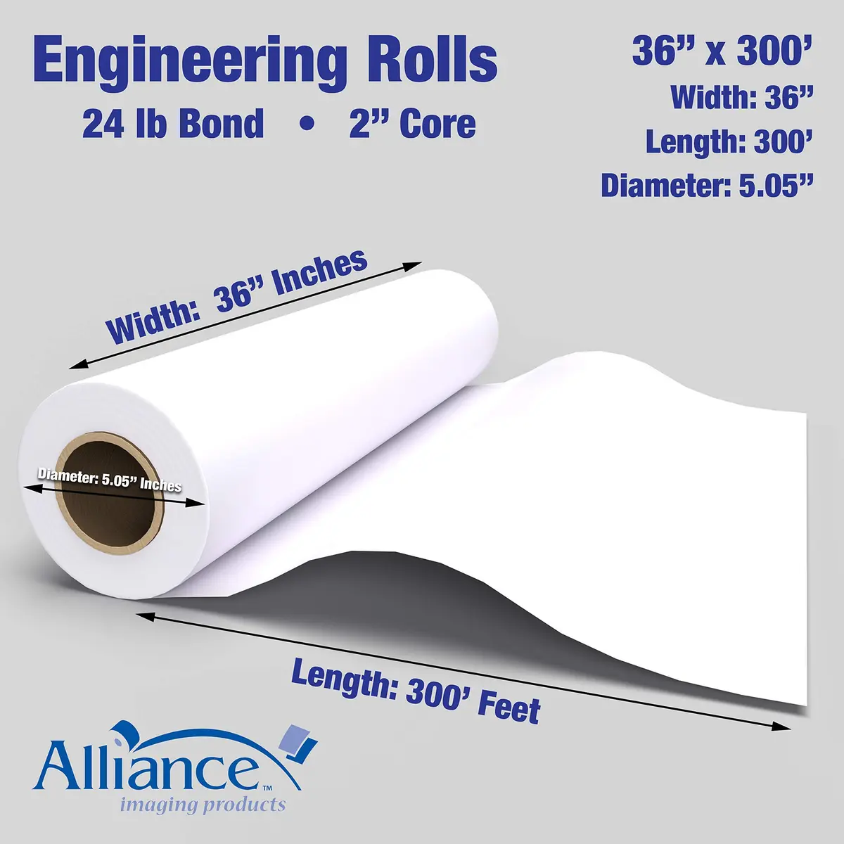 Alliance Wide Format Paper CAD Bond Rolls 36" x 300 Ft | 20lb, White, Laser & Inkjet Compatible - view 3