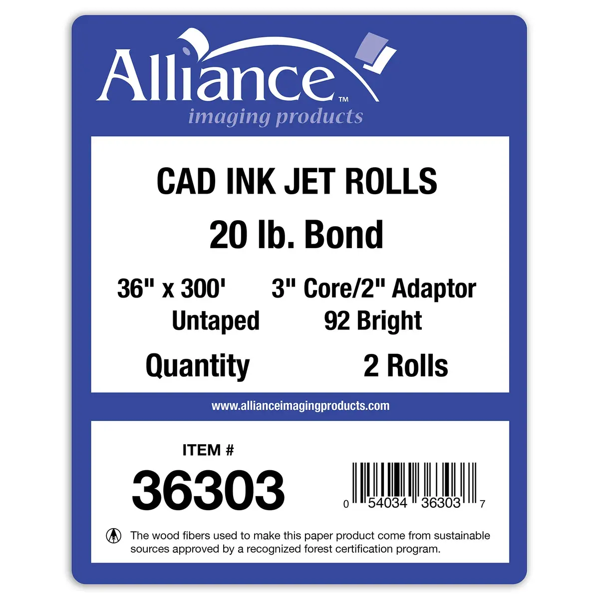 Alliance Wide Format Paper CAD Bond Rolls 36" x 300 Ft | 20lb, White, Laser & Inkjet Compatible - view 4