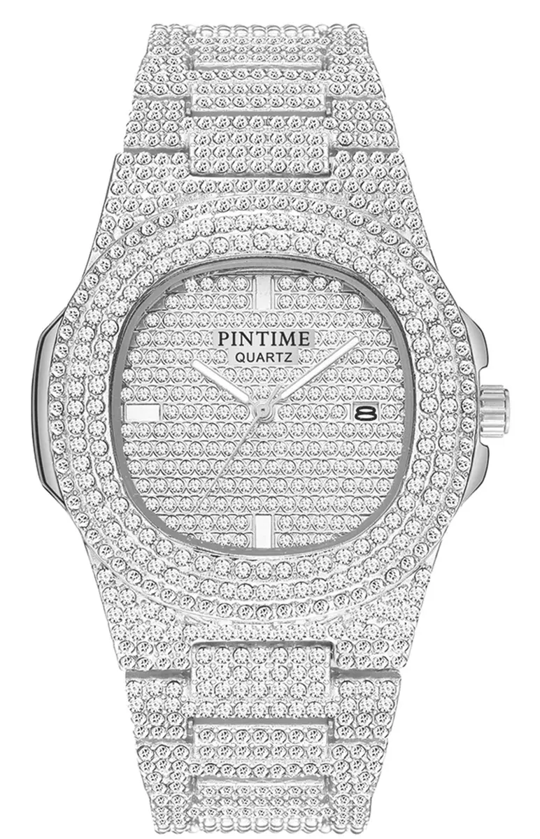 PINTIME Mens Diamond Watches Luxury Unisex Silver Gold Iced-Out Bling CZ Crystal Fashion Quartz Womens Watch | 40mm Dial, Waterproof Daily Wear - main product image