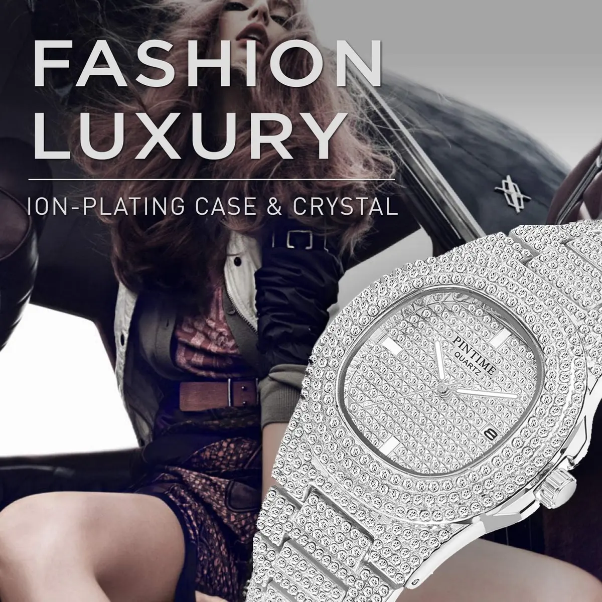 PINTIME Mens Diamond Watches Luxury Unisex Silver Gold Iced-Out Bling CZ Crystal Fashion Quartz Womens Watch | 40mm Dial, Waterproof Daily Wear - view 5