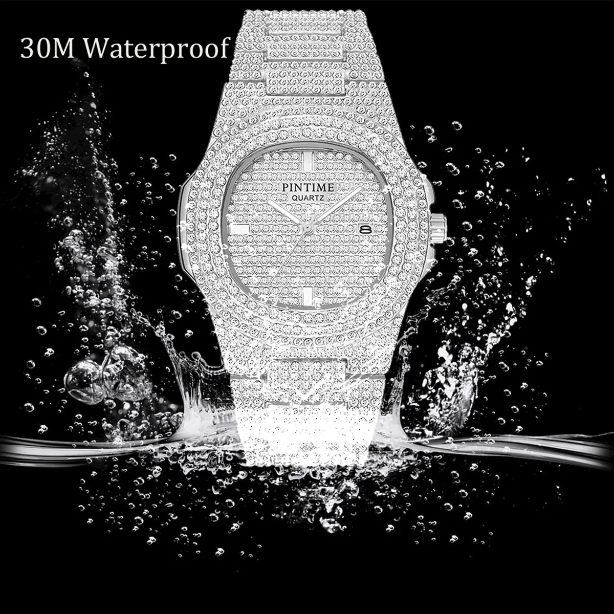 PINTIME Mens Diamond Watches Luxury Unisex Silver Gold Iced-Out Bling CZ Crystal Fashion Quartz Womens Watch | 40mm Dial, Waterproof Daily Wear - view 6