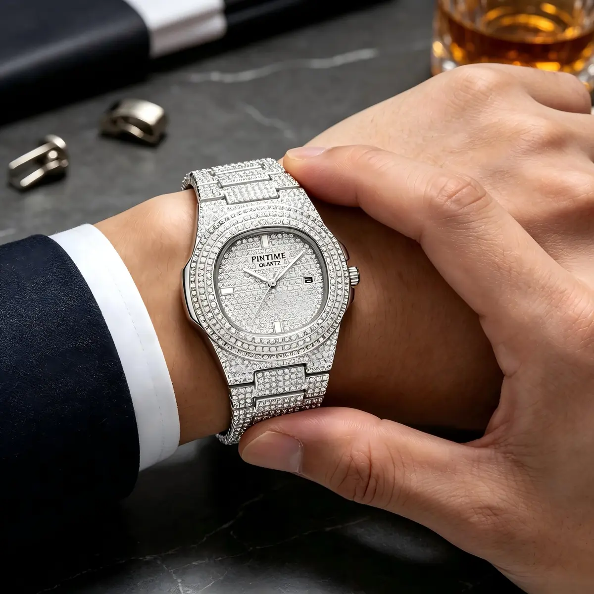 PINTIME Mens Diamond Watches Luxury Unisex Silver Gold Iced-Out Bling CZ Crystal Fashion Quartz Womens Watch | 40mm Dial, Waterproof Daily Wear - view 7