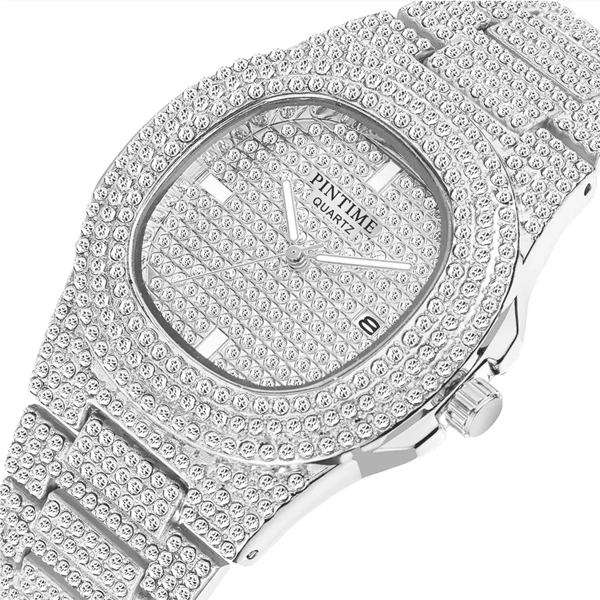 PINTIME Mens Diamond Watches Luxury Unisex Silver Gold Iced-Out Bling CZ Crystal Fashion Quartz Womens Watch | 40mm Dial, Waterproof Daily Wear - view 2