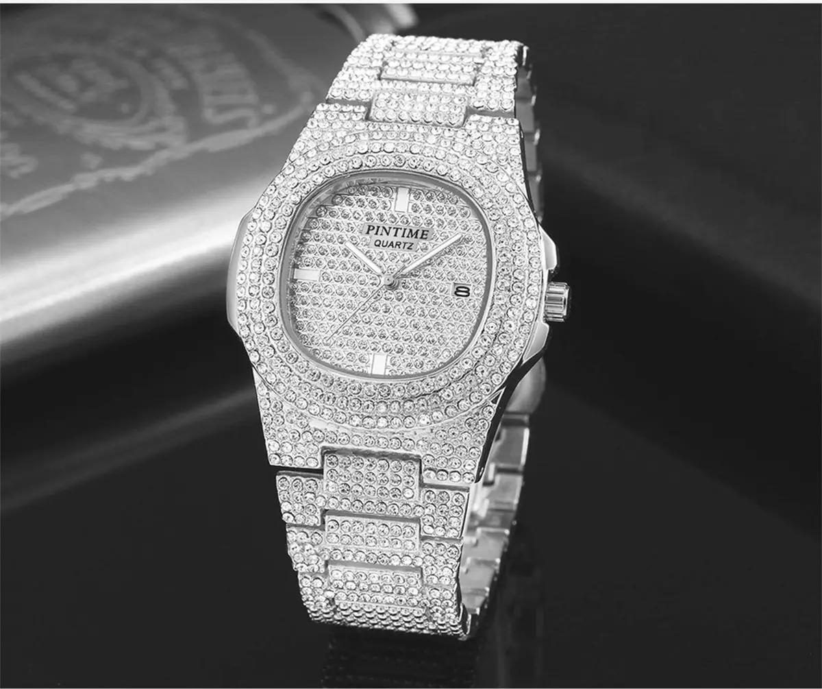 PINTIME Mens Diamond Watches Luxury Unisex Silver Gold Iced-Out Bling CZ Crystal Fashion Quartz Womens Watch | 40mm Dial, Waterproof Daily Wear - view 3