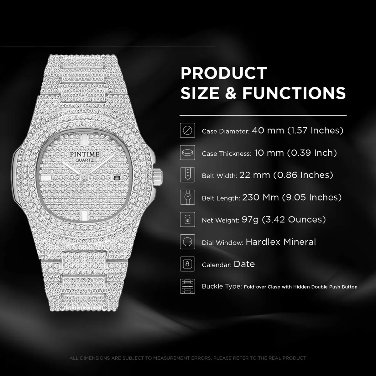 PINTIME Mens Diamond Watches Luxury Unisex Silver Gold Iced-Out Bling CZ Crystal Fashion Quartz Womens Watch | 40mm Dial, Waterproof Daily Wear - view 4