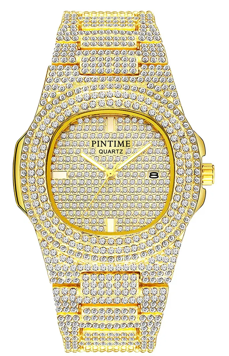 PINTIME Mens Diamond Watches Luxury Unisex Silver Gold | Iced-Out CZ Crystal Quartz - main product image