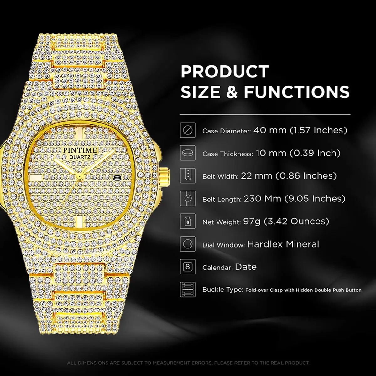 PINTIME Mens Diamond Watches Luxury Unisex Silver Gold | Iced-Out CZ Crystal Quartz - view 5