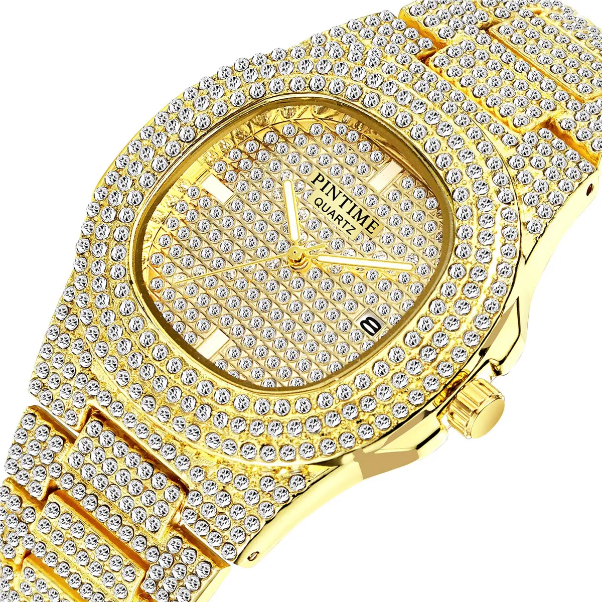 PINTIME Mens Diamond Watches Luxury Unisex Silver Gold | Iced-Out CZ Crystal Quartz - view 2