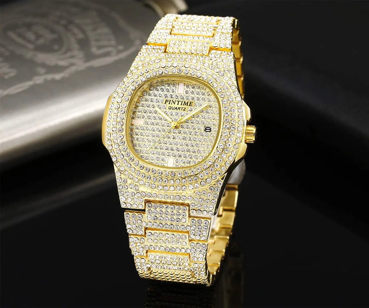 PINTIME Mens Diamond Watches Luxury Unisex Silver Gold | Iced-Out CZ Crystal Quartz - view 3
